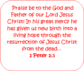 Rounded Rectangle:  Praise be to the God and Father of our Lord Jesus Christ! In his great mercy he has given us new birth into a living hope through the resurrection of Jesus Christ from the dead...
1 Peter 1:3