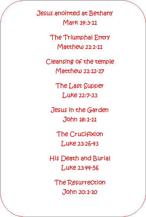 Rounded Rectangle: Jesus anointed at Bethany 	Mark 14:3-11The Triumphal Entry Matthew 21:1-11Cleansing of the temple Matthew 21:12-17The Last Supper Luke 22:7-23Jesus in the Garden John 18:1-11The Crucifixion Luke 23:26-43His Death and Burial Luke 23:44-56The Resurrection                             John 20:1-10