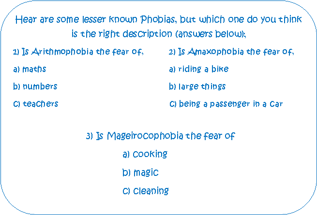 Rounded Rectangle: Hear are some lesser known Phobias, but which one do you think is the right description (answers below);1) Is Arithmophobia the fear of,          2) Is Amaxophobia the fear of,a) maths							    a) riding a bikeb) numbers						    b) large thingsc) teachers                                            c) being a passenger in a car									3) Is Mageirocophobia the fear of						a) cooking						b) magic						c) cleaning 
